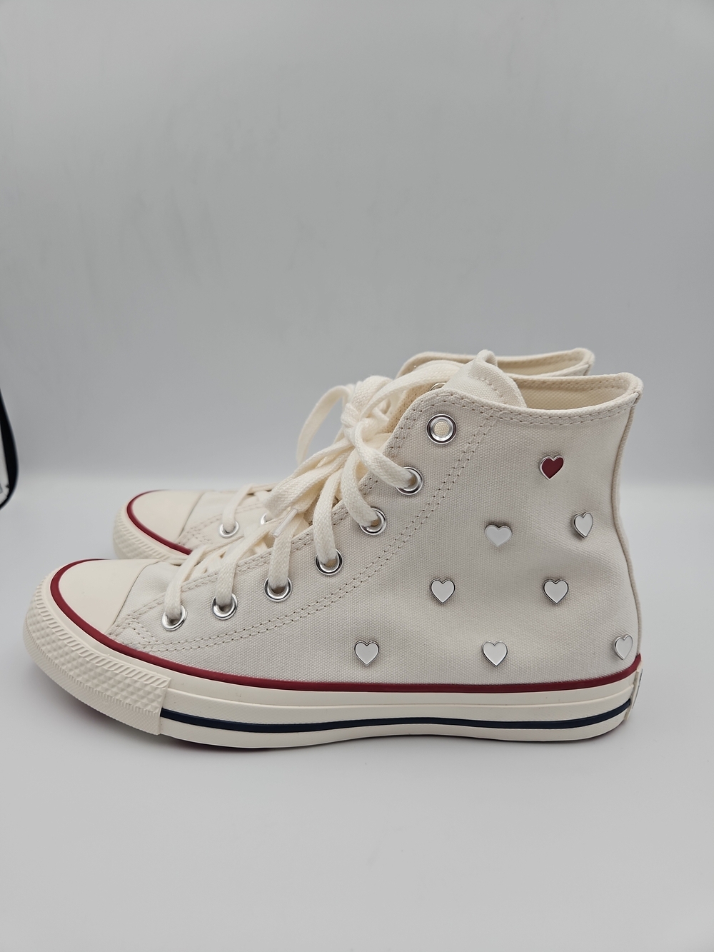 Converse High Top Sneakers Cream Canvas with Red Accents and Silver Heart Studs